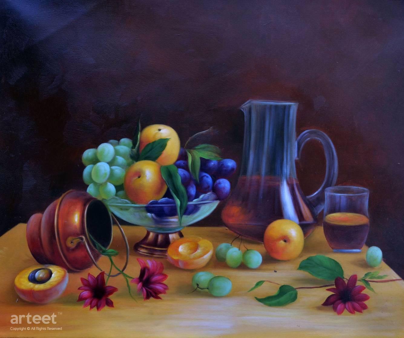 Grapes, Peaches and a Jar of Wine - Still life / Arteet